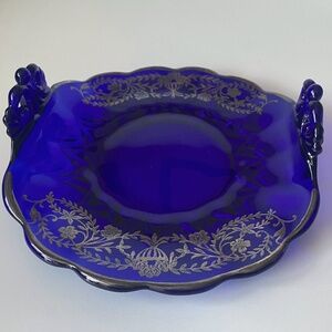 Vintage COBALT BLUE GLASS Tray by New Martinsville/Viking Glass Handled With Sil